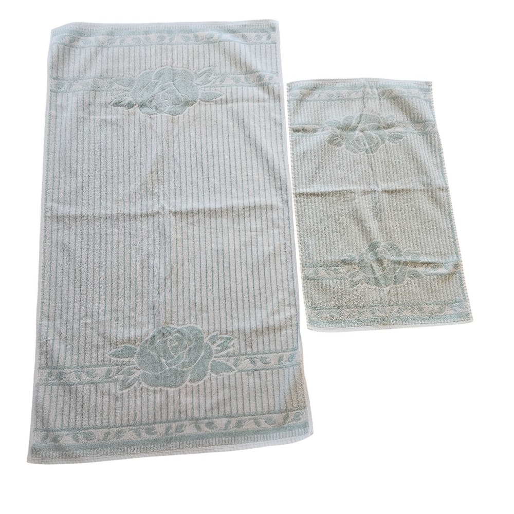 Vtg Cannon Light Sage Green White Floral Rose Striped Bath Hand Towel Set 2pc
